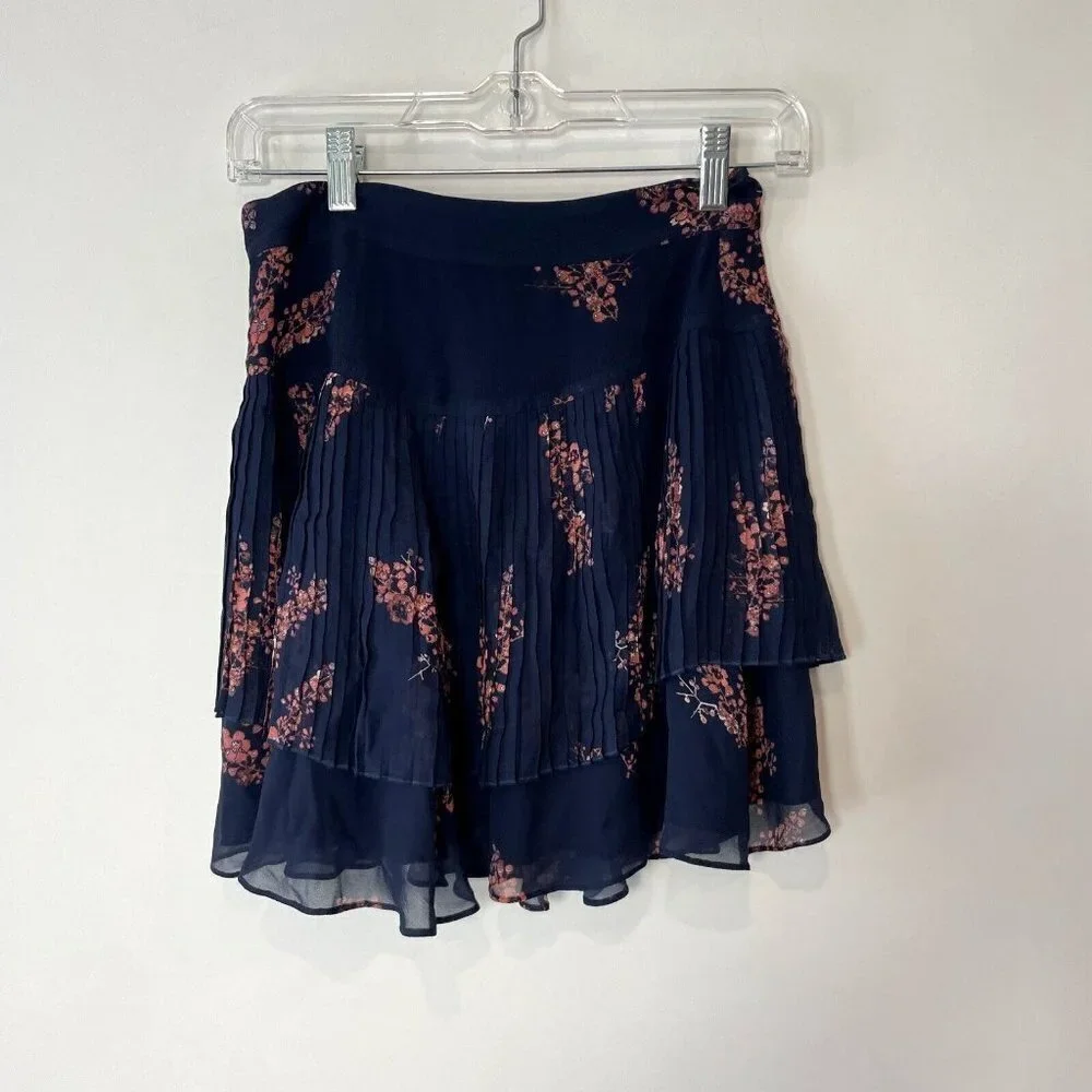 Derek Lam 10 Crosby‎ Pleated Mini Floral Skirt Womens 00 Navy Blue Tiered NEW